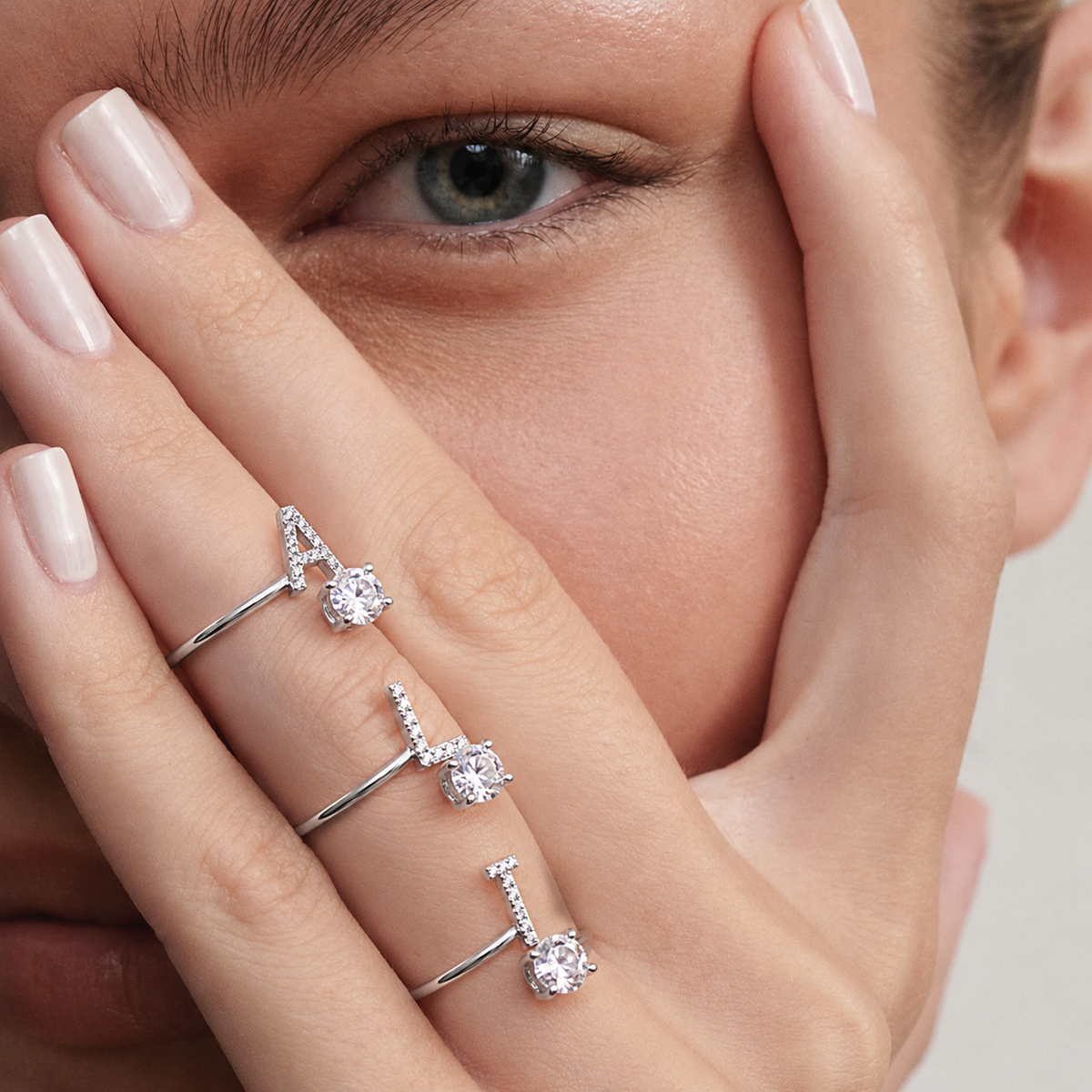 S925 Sterling Silver Zircon Initial Ring