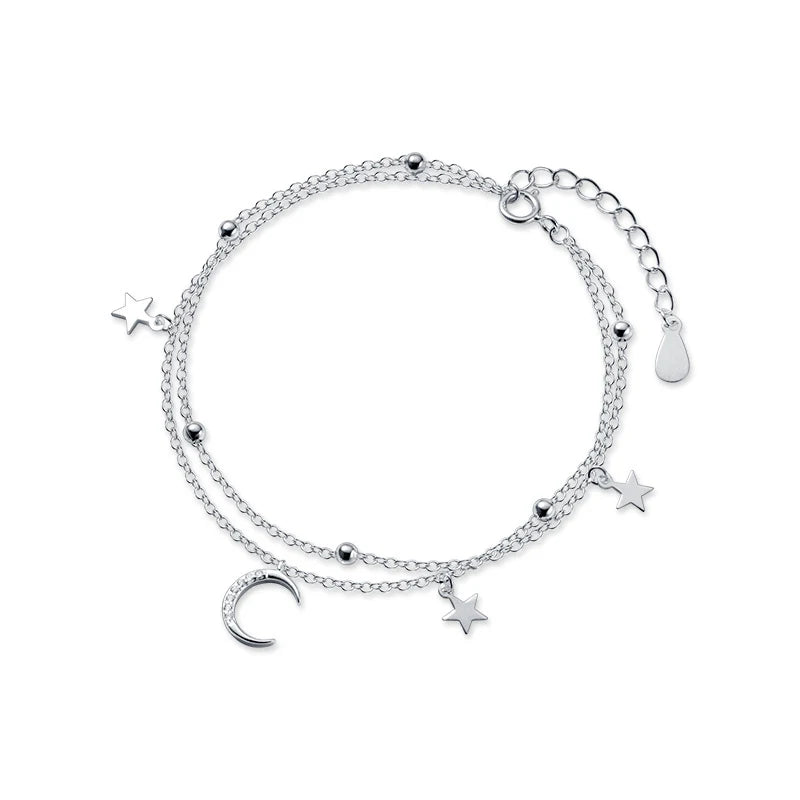 Double-Layer Moon & Star Silver Bracelet