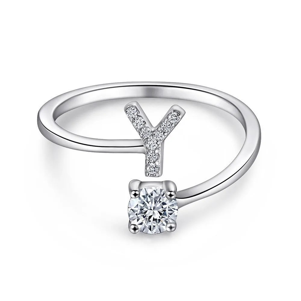 S925 Sterling Silver Zircon Initial Ring