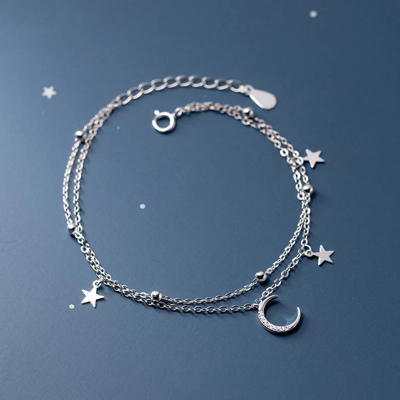 Double-Layer Moon & Star Silver Bracelet