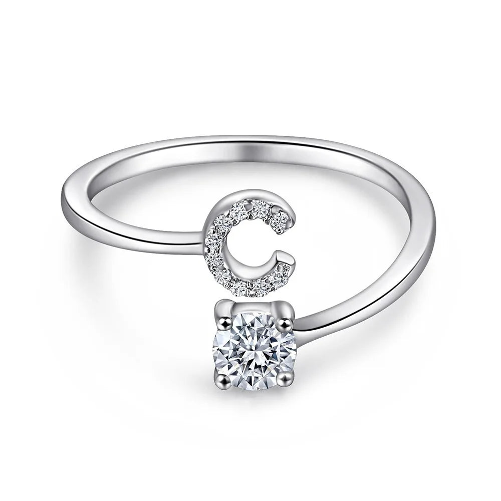 S925 Sterling Silver Zircon Initial Ring