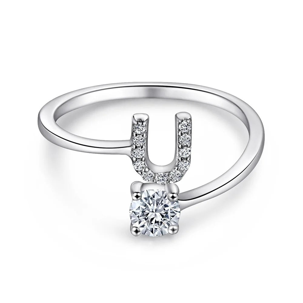 S925 Sterling Silver Zircon Initial Ring