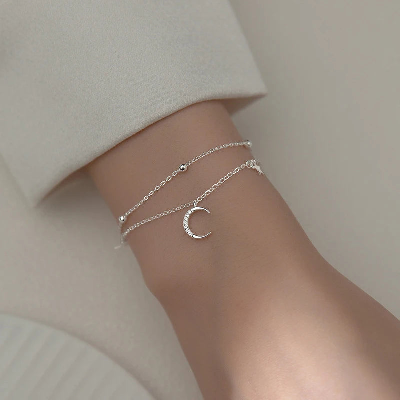 Double-Layer Moon & Star Silver Bracelet