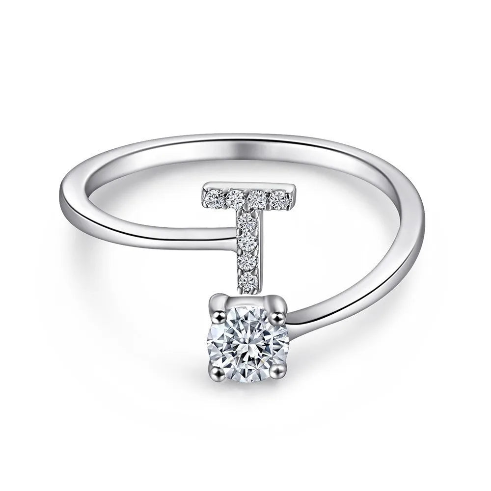 S925 Sterling Silver Zircon Initial Ring