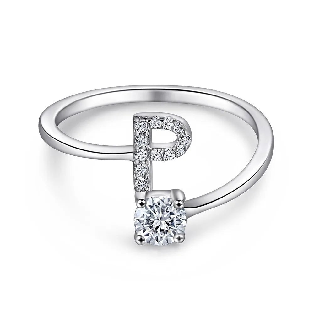 S925 Sterling Silver Zircon Initial Ring