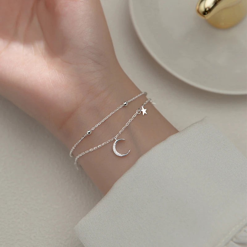 Double-Layer Moon & Star Silver Bracelet